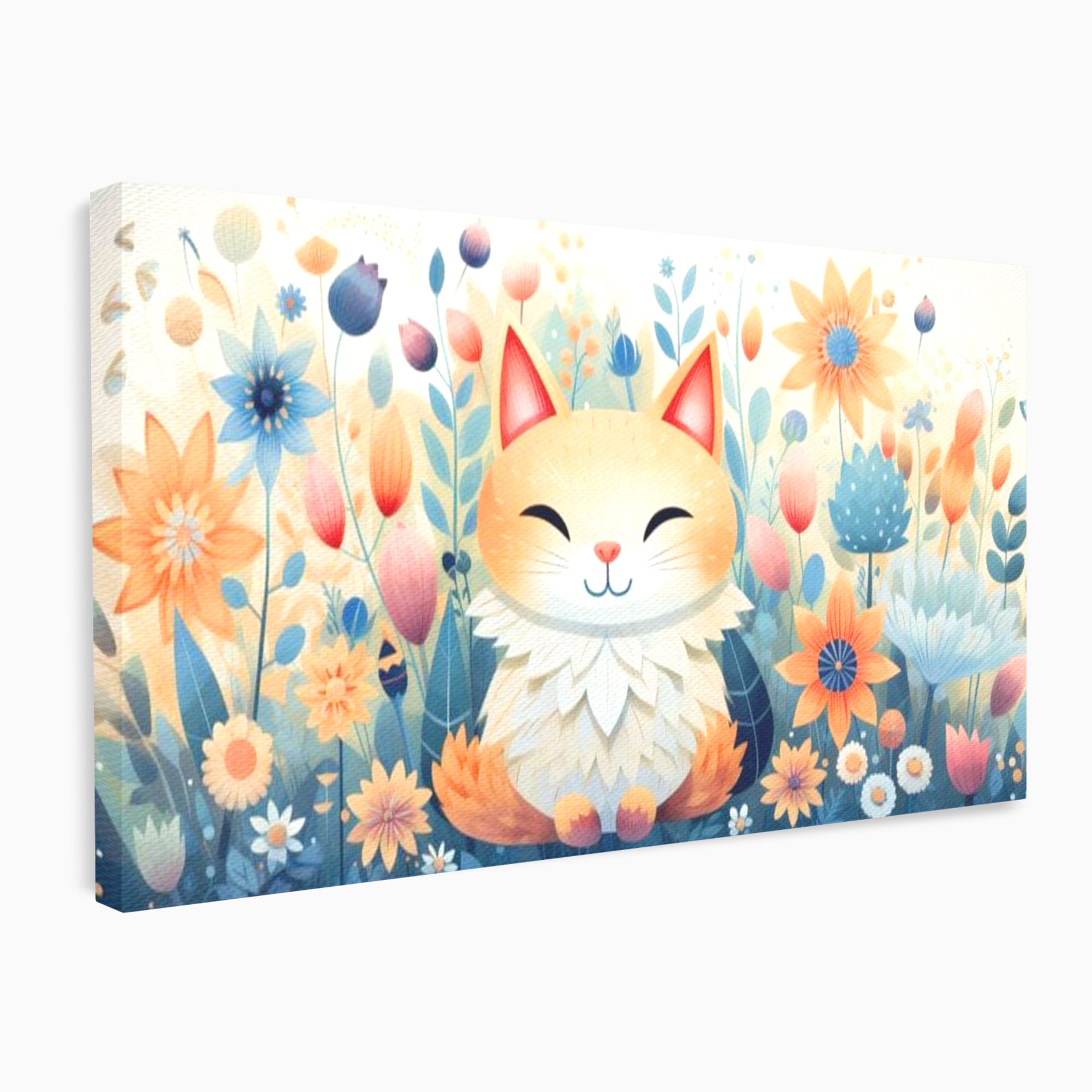 Tablou canvas cu tablou canvas cu pisicuta in gradina cu flori, fara rama, pe sasiu de lemn